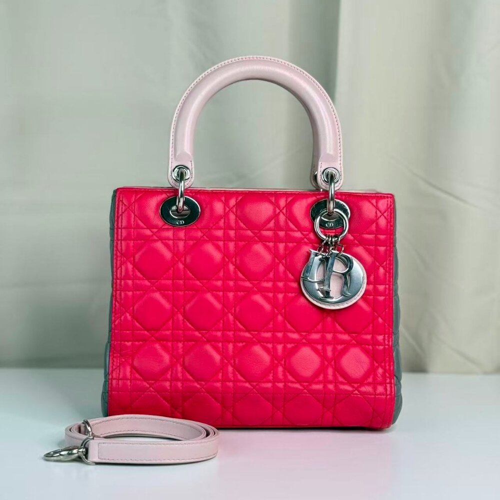 Dior Tri color Medium Lady Dior Shoulder Bag with Pink Quilted Design